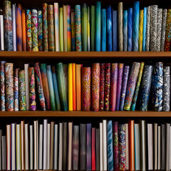 Colorful books standing on shelves representing knowledge and learning