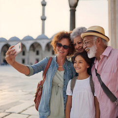 Happy multi generational family taking selfie in front of mosque during travel
