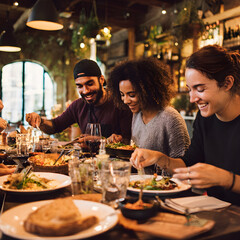Friends enjoying delicious food and drinks at restaurant table