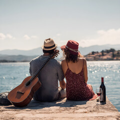 Couple enjoying seascape with guitar and wine on pier