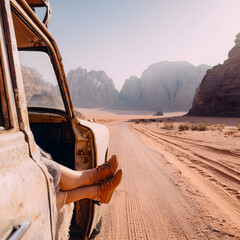 Tourist relaxing with feet outside car window enjoying wadi rum desert landscape