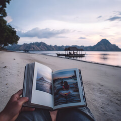 Tourist reading photo album of tropical vacation memories on beach at sunset