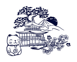 Sakura branch, Japanese pine, house, mountain, cat statue. Silhouettes of traditional symbols in graphic style. Hand drawn vector illustration. Postcards, invitations, banners, posters, booklets.