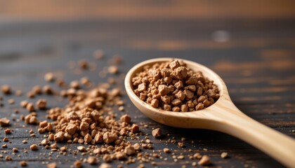 Close-up of Natural Crushed Cocoa Powder Poured from Wooden Spoon on Rustic Table Surface, Perfect for Culinary and Baking Use