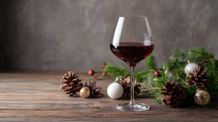 A glass of red wine stands elegantly surrounded by pinecones, ornaments, and greenery. This festive still life captures the mood of winter holidays and cozy celebrations. 