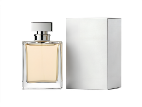 pink perfume bottle and packaging mockup isolated on white background