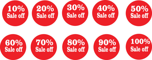 Collection of red sale off stickers with percentage discounts shown