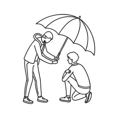 Helping Hand Icon | Person Holding Umbrella Over Someone in Need | Kindness, Empathy, Support Concept Vector | Black Line Art on Pure White Background