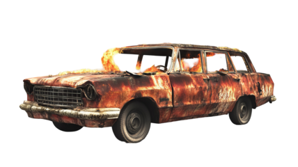 Station wagon engulfed in intense fire damage with charred metal and billowing smoke – high-resolution transparent PNG cutout for automotive emergency, crash scene and safety training graphics