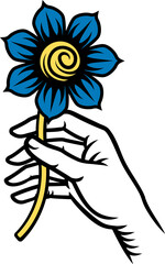 A hand holding a flower design illustration in a vintage woodcut retro tattoo style
