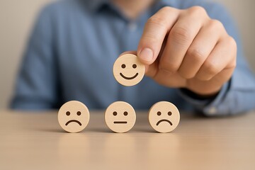 Customer selecting a happy face emoji from a row of different emoji faces