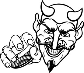 A devil or satan ice hockey sports mascot cartoon character holding a puck