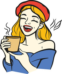 Joyful Cartoon Woman Enjoying Coffee