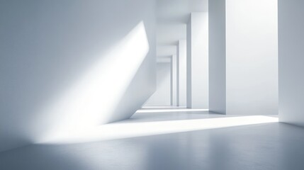Obraz premium Minimalist white hallway with repeating columns and bright sunlight pouring through