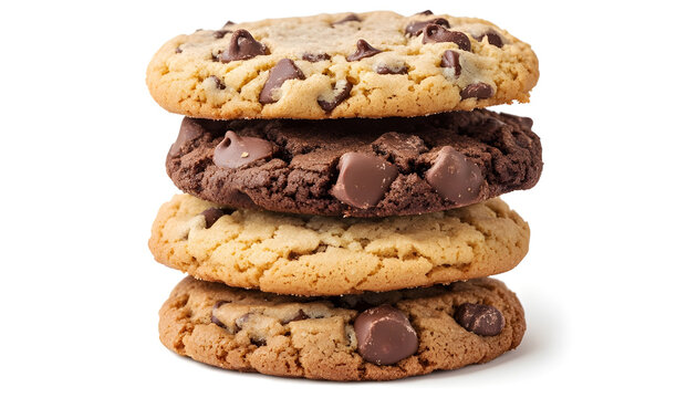 stack of five types of cookies including chocolate chip cookies, chocolate covered cookies and butter cookies on a white background