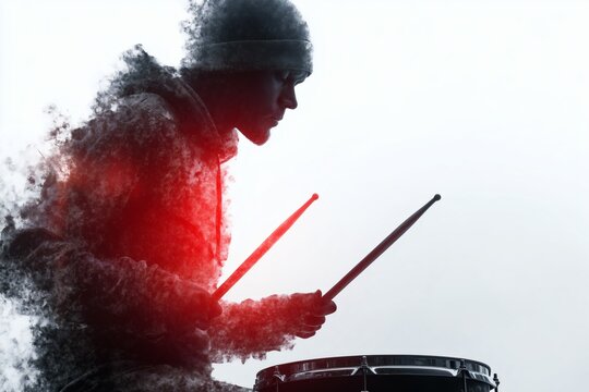 silhouette of drummer with beanie dissolving into particles with red glow