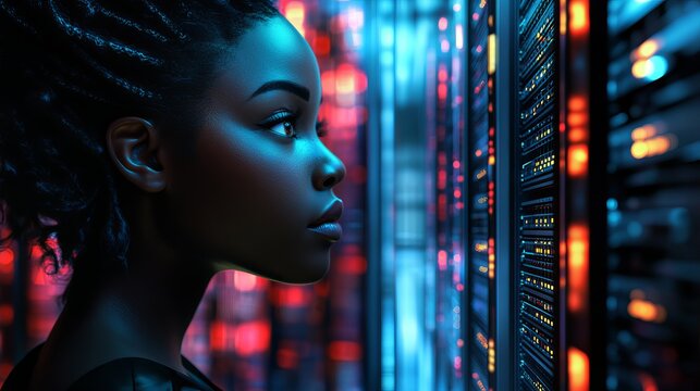 A woman with braids looks at a server rack with blinking lights in a dimly lit data center environment - Powered by Adobe