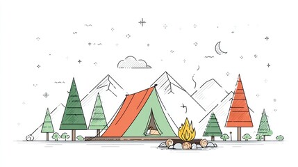 Simple line drawing of a campsite at night