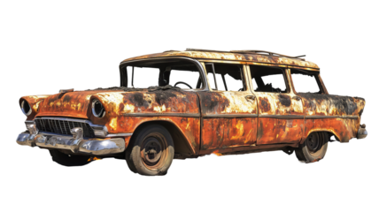Station wagon engulfed in intense fire damage with charred metal and billowing smoke – high-resolution transparent PNG cutout for automotive emergency, crash scene and safety training graphics