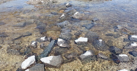 Panorama of the coastal rocky bottom through the prism of clear Dnieper water.