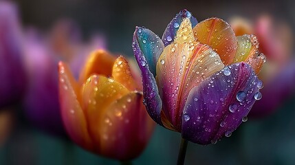 Enchanting Close-Up of Colorful Tulips with Dewy Petals