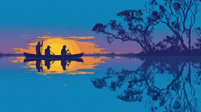Silhouetted figures in a canoe at sunset