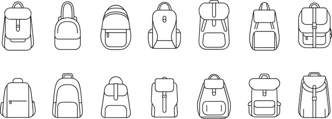 Minimalist black and white line art backpack collection, modern outline school bag designs, technical fashion sketch for branding use