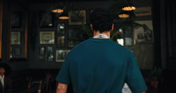 Face, opening door and welcome to coffee shop with man in entrance for greeting or hospitality POV. Come in, friendly and smile of waiter in doorway of cafe or restaurant for small business startup