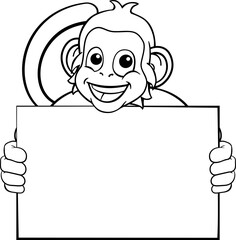 A monkey cute happy cartoon character animal holding a blank sign with copy-space
