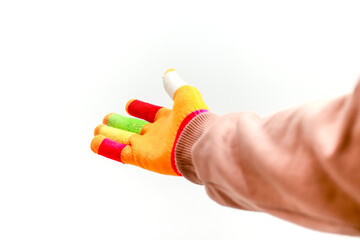 Colorful Gloves Reach Out: A Vibrant Hand Offering in a Clean, White Space