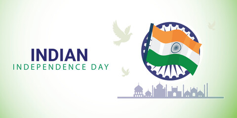Indian Independence Day Vector with Flag, Ashoka Chakra, and Monument Silhouette