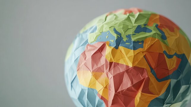 Crumpled paper globe showing Earth continents, in pastel shades, against a gray background