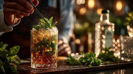 Professional Bartender Preparing High-End Cocktail with Fresh Mint