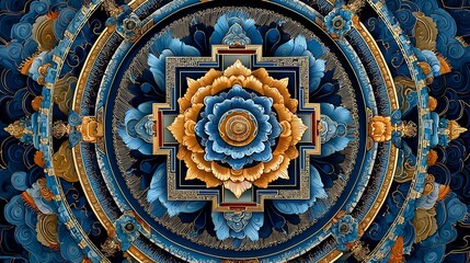 Intricate circular design with floral motifs in gold, blue and white tones