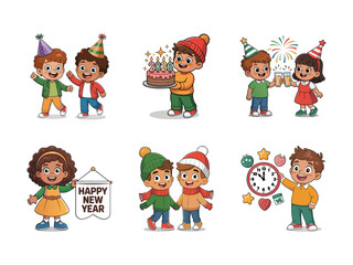 Fototapeta premium Children celebrating new year with party hats cake and drinks celebration