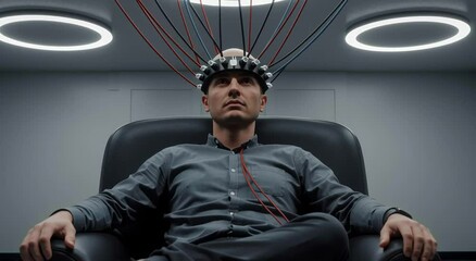 Man sits in futuristic chair with headgear and wires, concept of technology and mind control. - Powered by Adobe