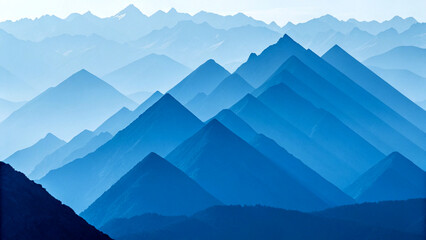 Serene blue mountain range layered in atmospheric perspective with sharp peaks and soft mist
