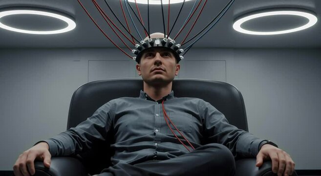 Man sits in futuristic chair with headgear and wires, concept of technology and mind control.