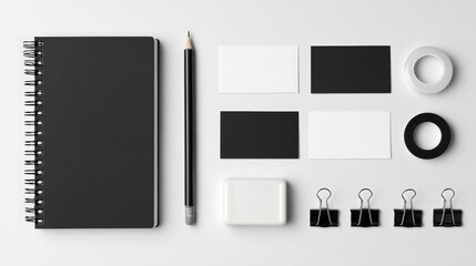 Flat Lay Arrangement of Black Notebook, Pencil, and Stationery Items