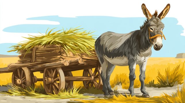 A donkey pulling a cart loaded with hay in a golden field