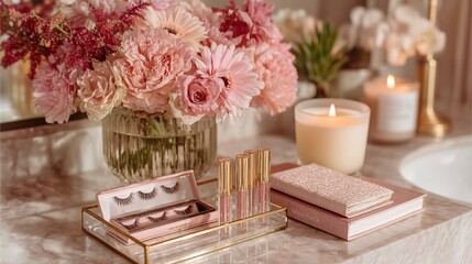 Stylish Flat Lay Beauty Setup Featuring Wispy Eyelash Extensions