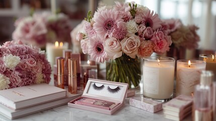 Elegant Beauty Flat Lay with Wispy Eyelashes and Floral Decor