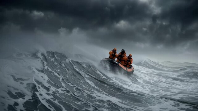 Coast guard team wearing orange immersion suits are sailing an inflatable boat in the ocean during a severe storm with impressive waves and dramatic cloudy sky