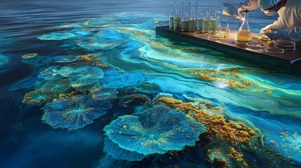 Scientific Study of Toxic Algae Blooms in Vibrant Blue Lake Ecosystem
