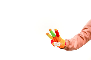 A colorful hand gesture with three fingers up against a plain white background showing positive attitude