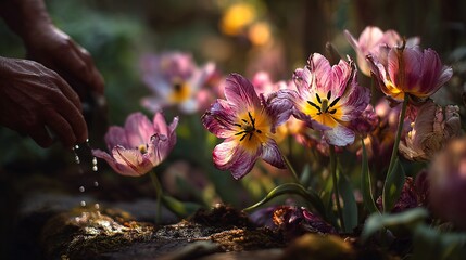 Close-Up of Vibrant Tulips in a Lush Garden Setting