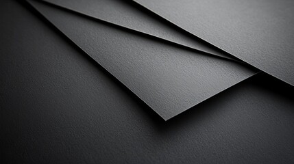 A close up of several sheets of dark gray paper stacked diagonally on a dark gray surface plain background