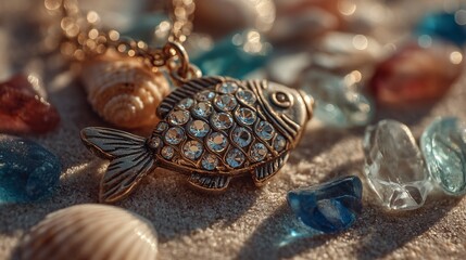 Vintage Fish Charm Necklace with Sparkling Gems and Seashells