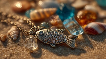 Vintage Fish Charm Necklace with Sparkling Gems on Sandy Background