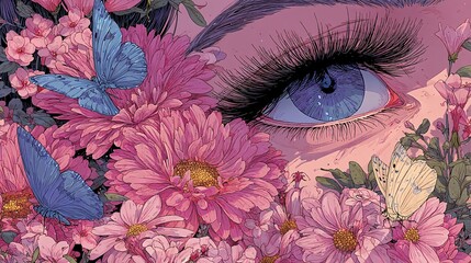 Whimsical Illustration of Wispy Eyelash Extensions Surrounded by Flowers